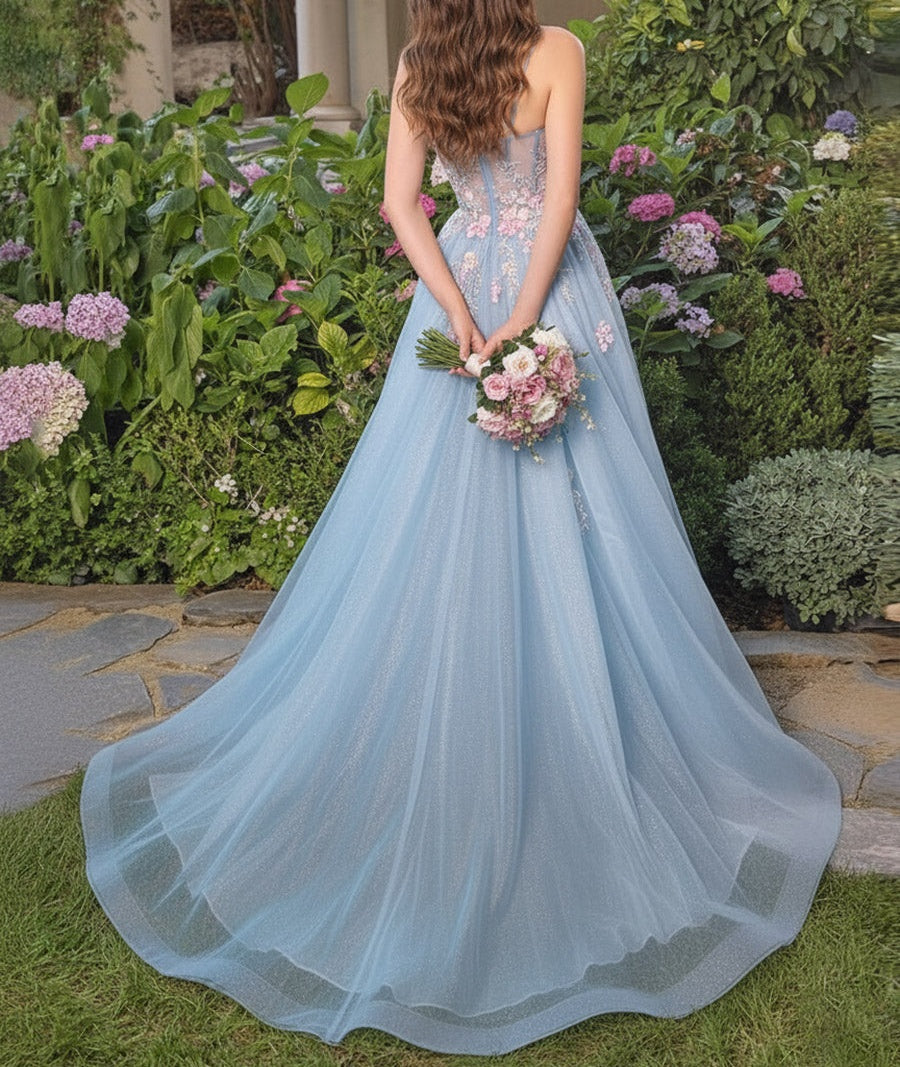 A Line/Princess Spaghetti Strap Tulle Floor-Length Prom Dresses with Flower