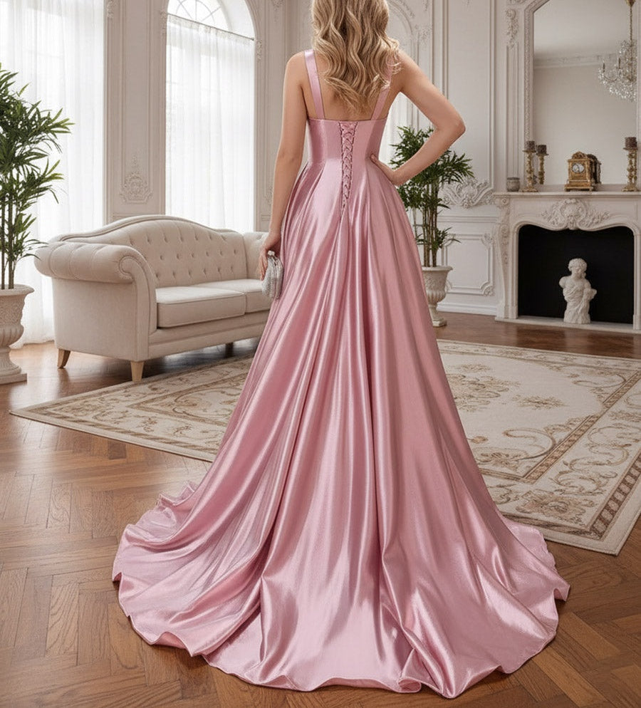 A-Line/Princess Satin Sweetheart Neck Floor-Length Corset Prom Dresses Birthday Gown