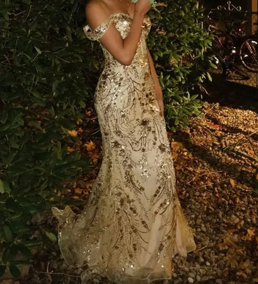 A-Line/Princess Off Shoulder Floor-Length Formal Prom Dresses with Sequin