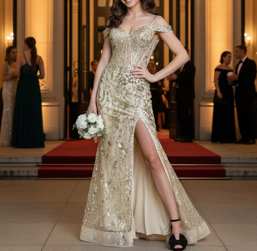 A-Line/Princess Off Shoulder Floor-Length Formal Prom Dresses with Sequin