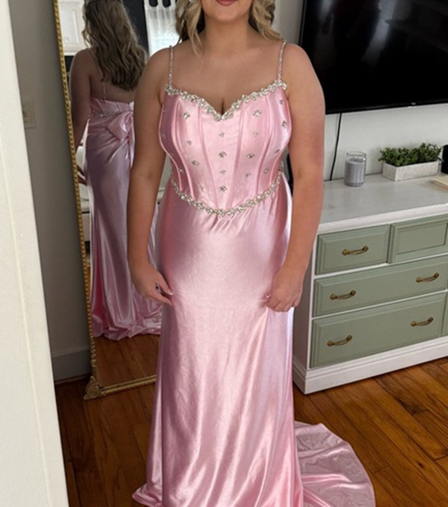 Spaghetti Strap V-Neck Bow Back Mermaid Long Prom Dresses with Sparkly Appliques