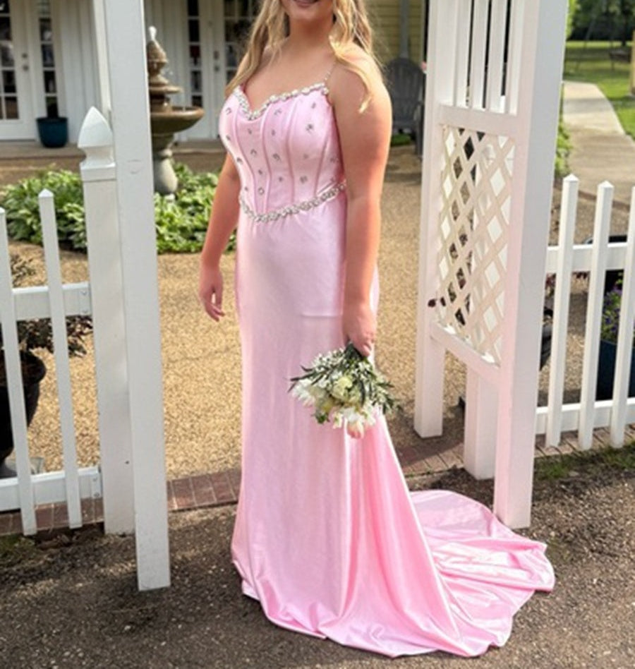 Spaghetti Strap V-Neck Bow Back Mermaid Long Prom Dresses with Sparkly Appliques