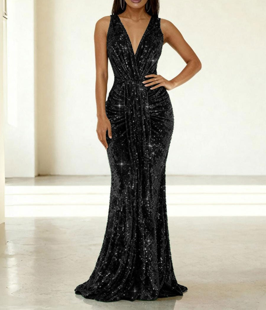 Mermaid/Trumpet V-Neck Ruched Floor-Length Formal Evening Dresses with Sparkly Sequin