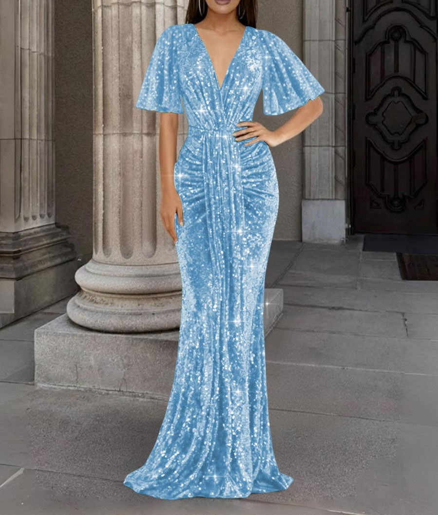 Mermaid/Trumpet V Neck Flutter Sleeve Floor-Length Formal Evening Dresses with Sparkly Sequin