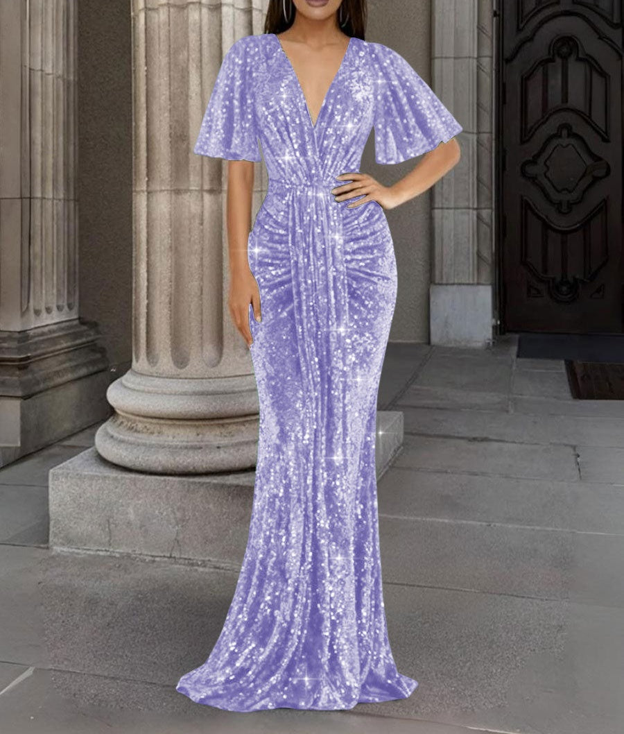 Mermaid/Trumpet V Neck Flutter Sleeve Floor-Length Formal Evening Dresses with Sparkly Sequin