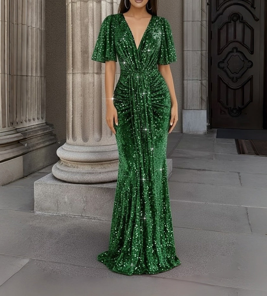 Mermaid/Trumpet V Neck Flutter Sleeve Floor-Length Formal Evening Dresses with Sparkly Sequin
