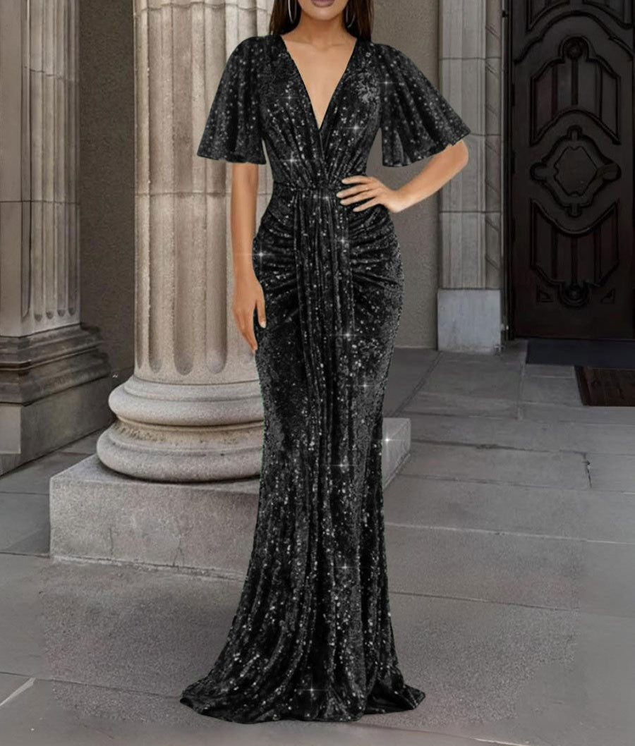 Mermaid/Trumpet V Neck Flutter Sleeve Floor-Length Formal Evening Dresses with Sparkly Sequin