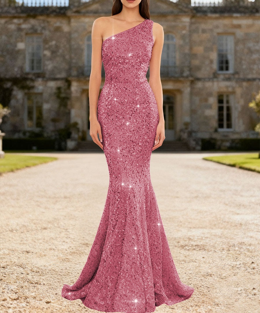 Glitter Bodycon One Shoulder Floor-Length Formal Prom Dresses with Sequin
