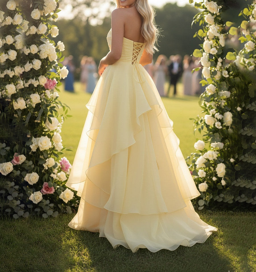 Mermaid Layered Ruffle Sleeveless Floor-Length Fancy Prom Dresses with Slit