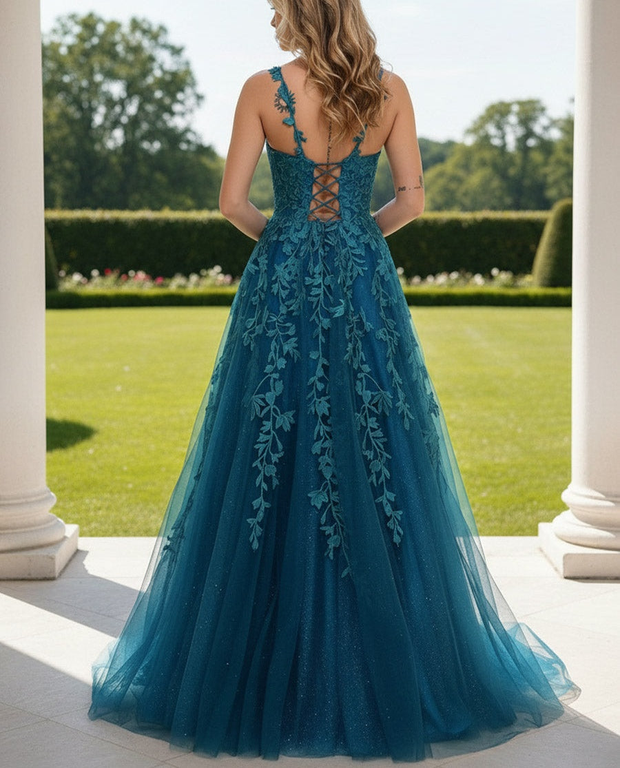 A Line/Princess V Neck Sleeveless Floor-Length Prom Dresses with Lace Appliques