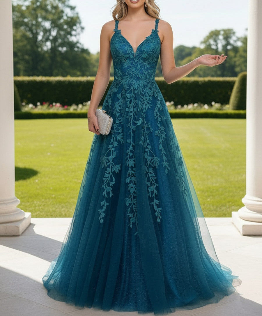 A Line/Princess V Neck Sleeveless Floor-Length Prom Dresses with Lace Appliques