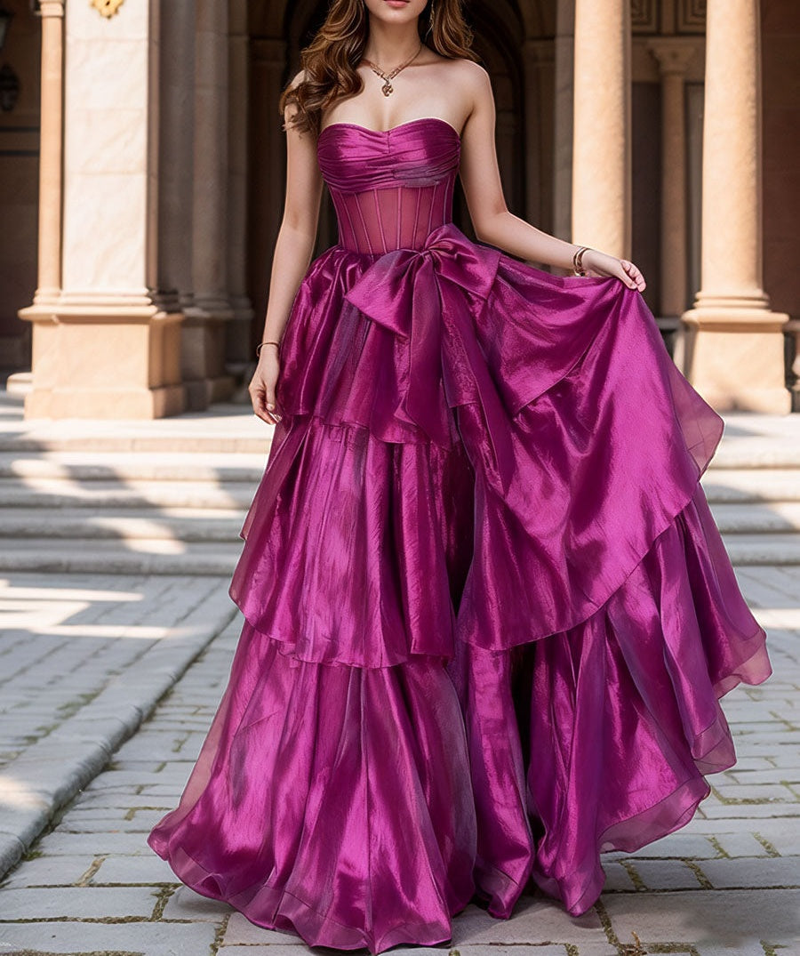 A-Line/Princess Sleeveless Tiered Floor-Length Formal Prom Dresses with Bow