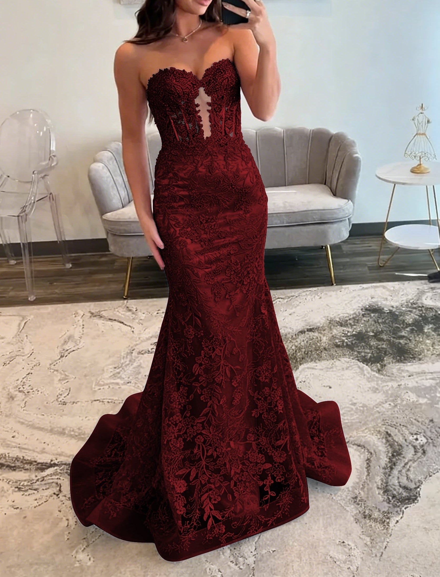Lace Applique One Shoulder Long Prom Dresses Tiered Evening Gowns