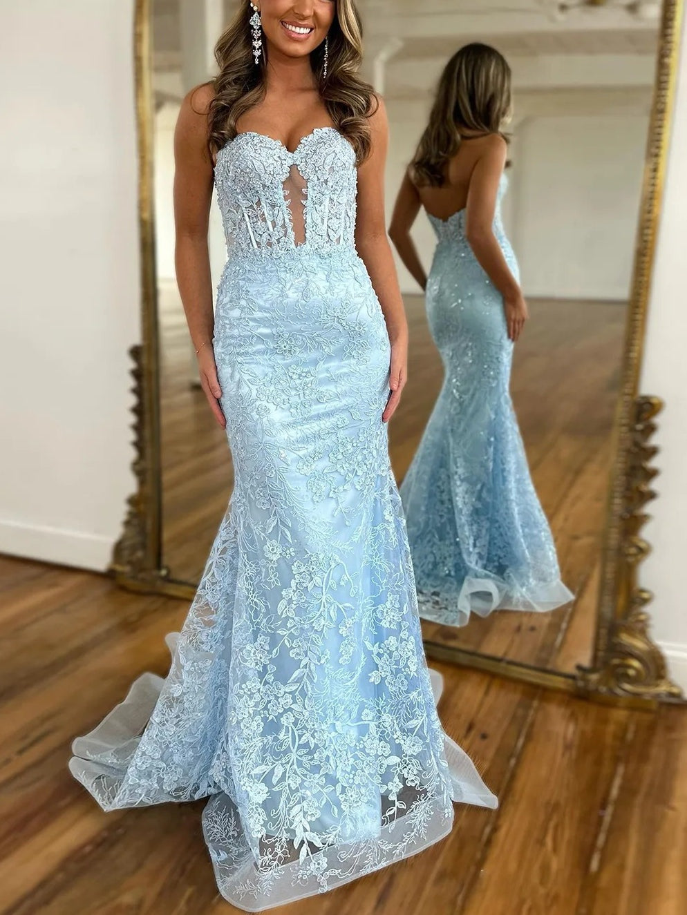 Lace Applique One Shoulder Long Prom Dresses Tiered Evening Gowns