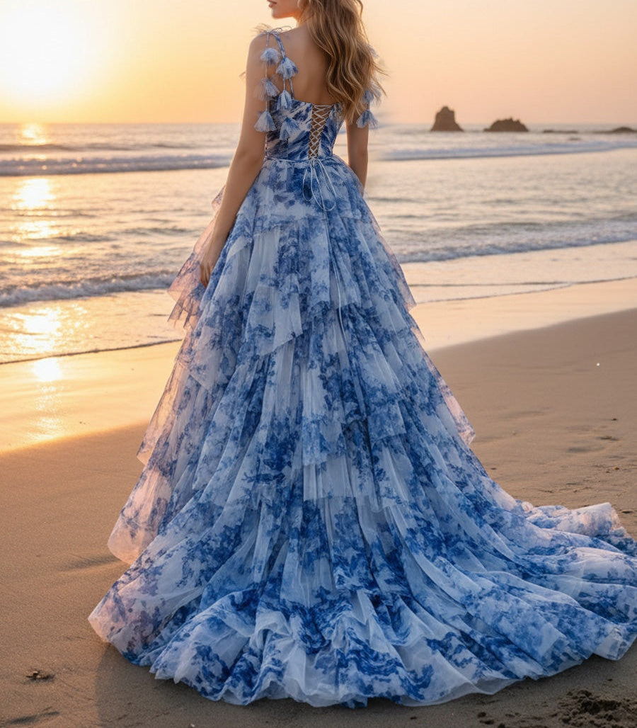 A-Line/Princess Tiered Ruffle Floor-Length Fancy Ball Prom Dresses with Floral Print