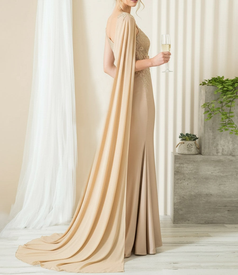 Mermaid 3D Floral One Shoulder Floor-Length Formal Prom Dresses with Cape