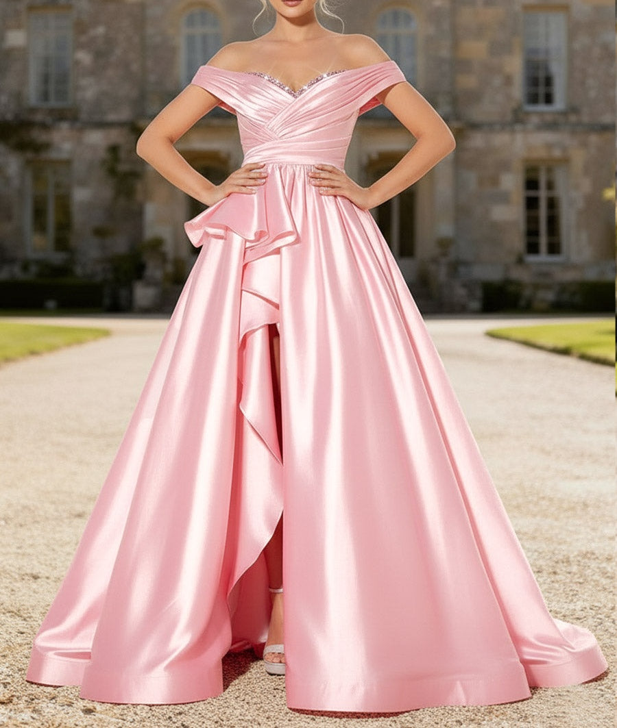 A-Line/Princess Ruffle Floor-Length Prom Dresses with Sequin Ball Gown