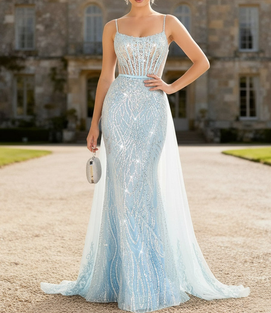 Mermaid Glitter Spaghetti Strap Floor-Length Prom Dresses with Train