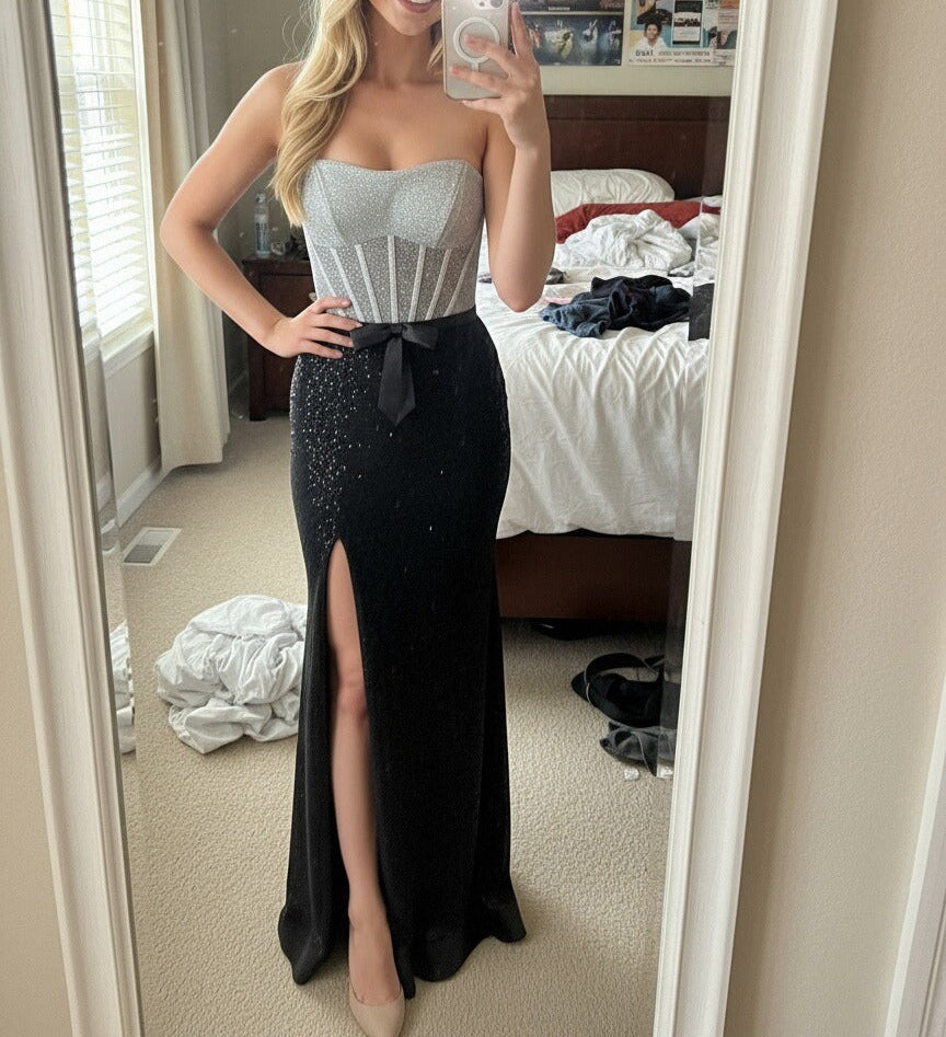 Mermaid Sequin Spaghetti Strap Floor-Length Formal Prom Dresses with Bow