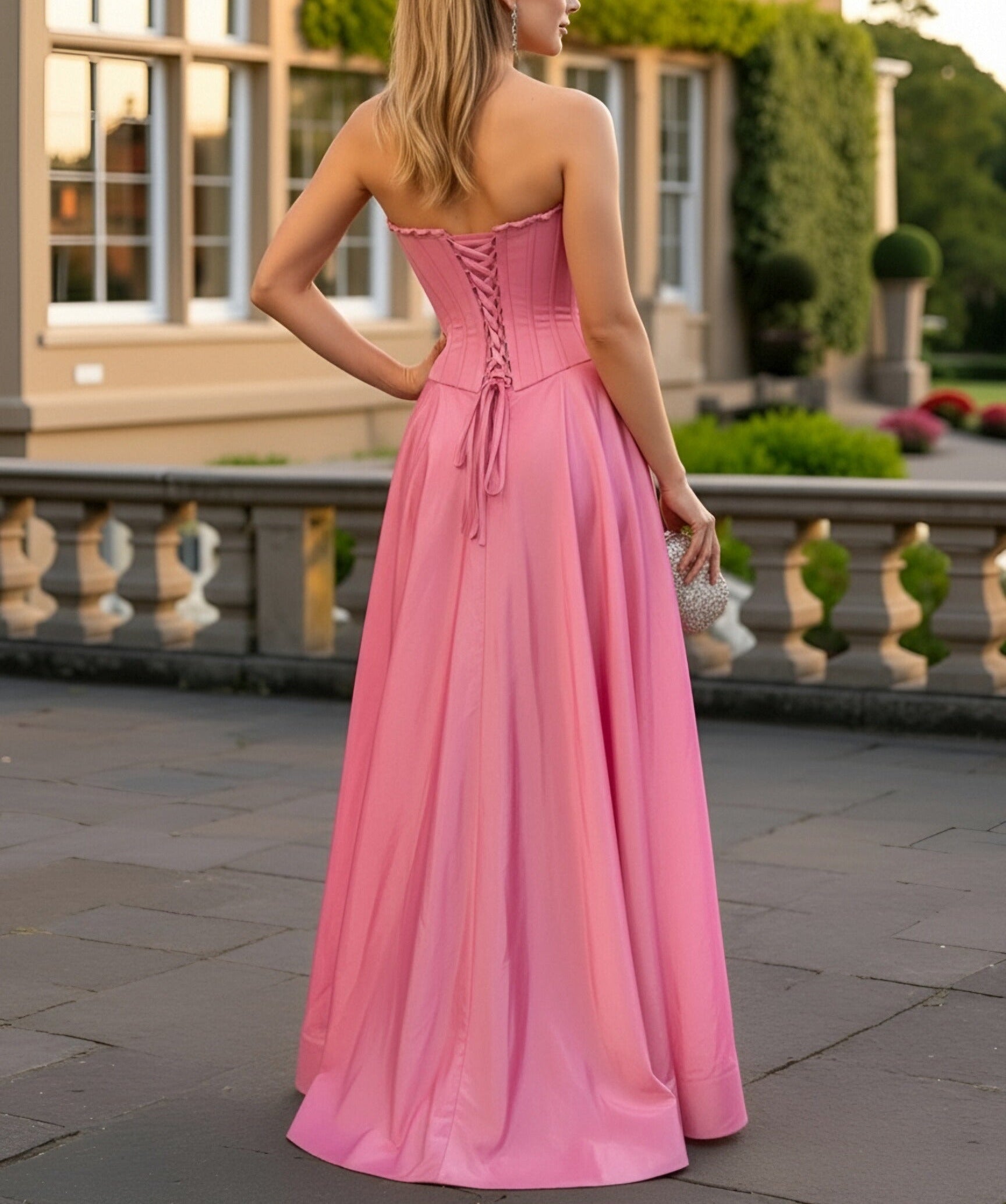 A-Line/Princess Strapless Split Floor-Length Corset Prom Dresses with Side Bow