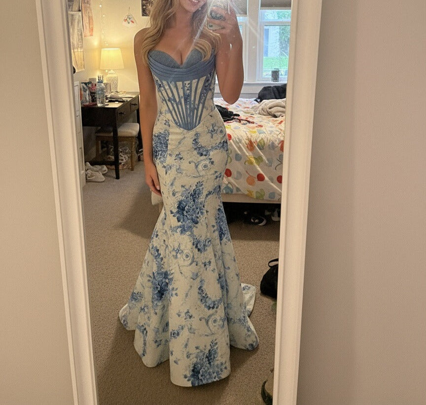 Mermaid Cowl Neck Floral Print Sleeveless Floor Length Prom Gown