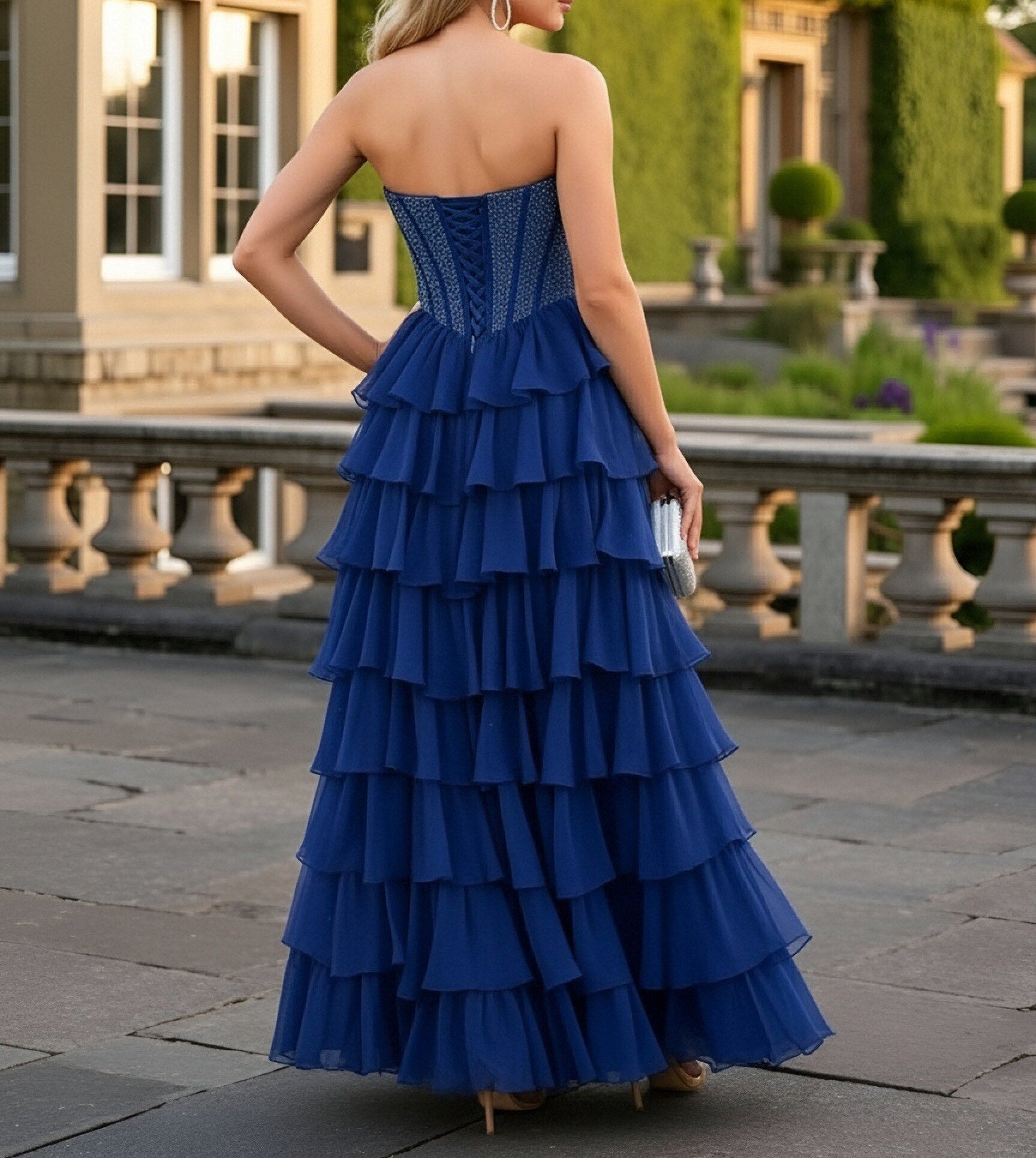 A-Line/Princess Tiered Cowl Neck Floor Length Prom Dresses with Bead