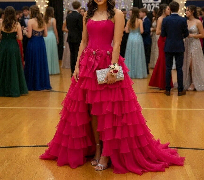 A-Line/Princess Tiered Strapless Floor Length Prom Dresses with Bows