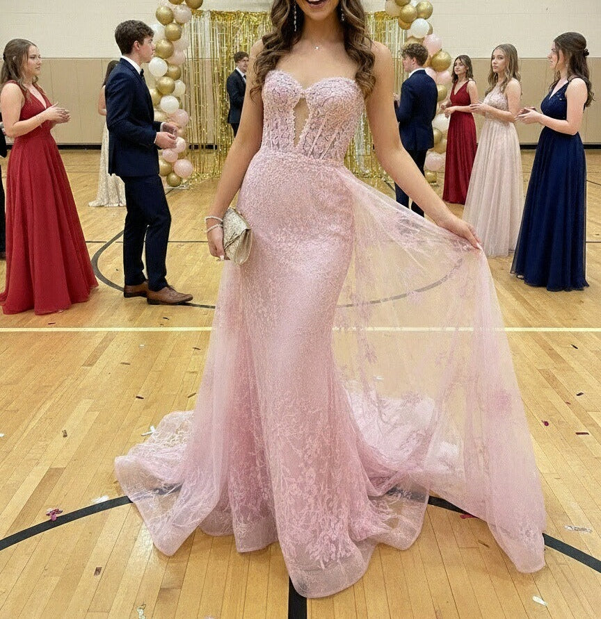 Mermaid Sweetheart Neck Cut Out Maxi Formal Prom Dresses with Applique Train