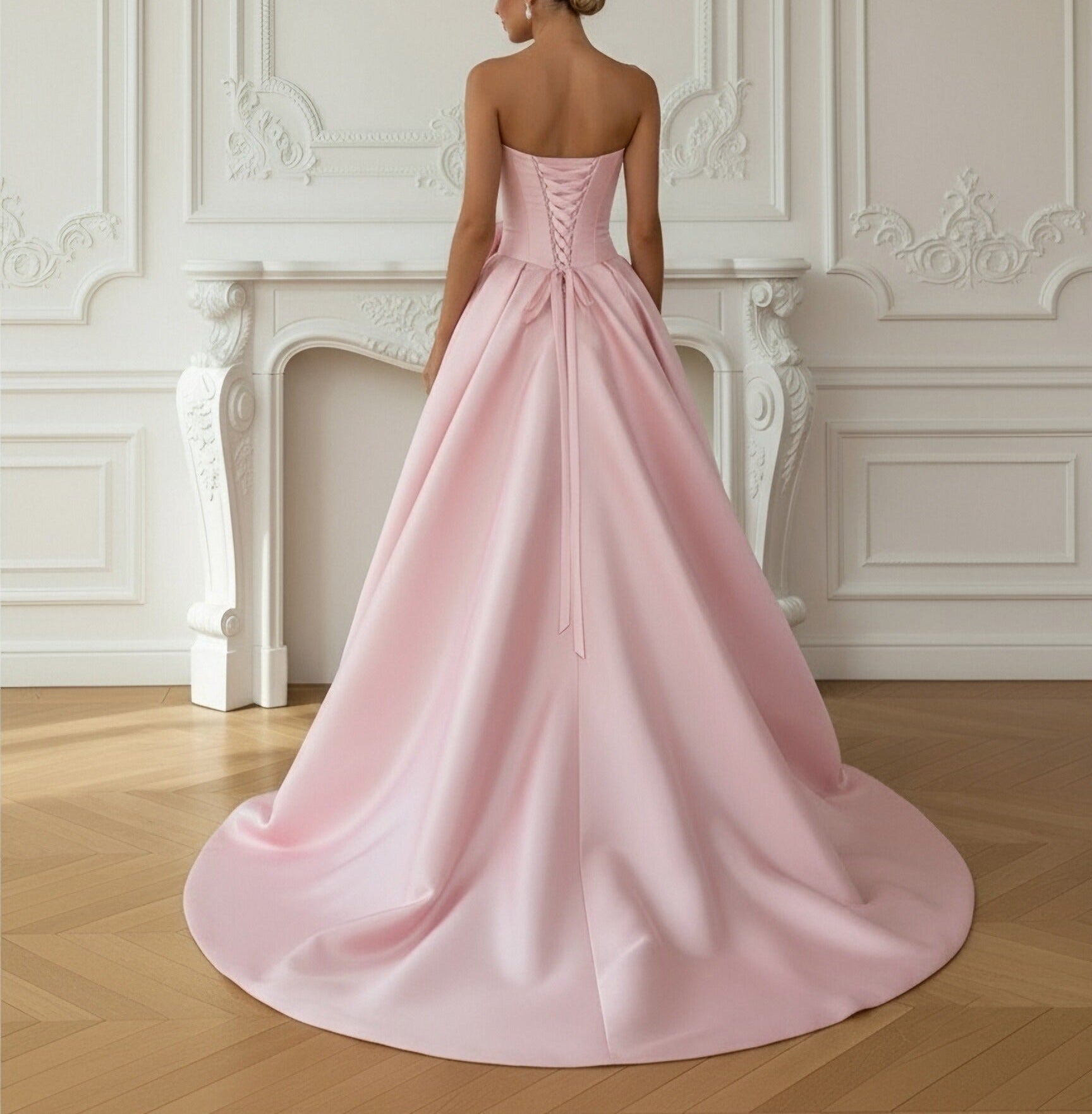 Bubble Drop Waist Strapless Floor Length Prom Dresses with Flower