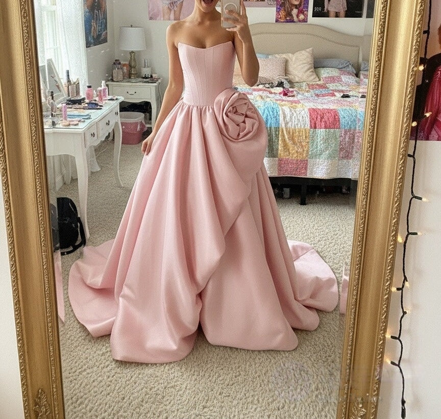Bubble Drop Waist Strapless Floor Length Prom Dresses with Flower