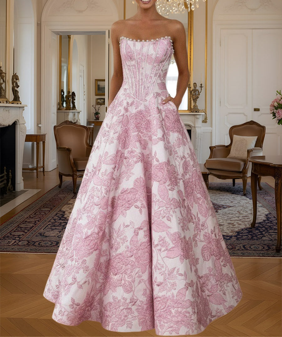 A-Line/Princess Print Flower Strapless Floor Length Prom Dresses with Pockets