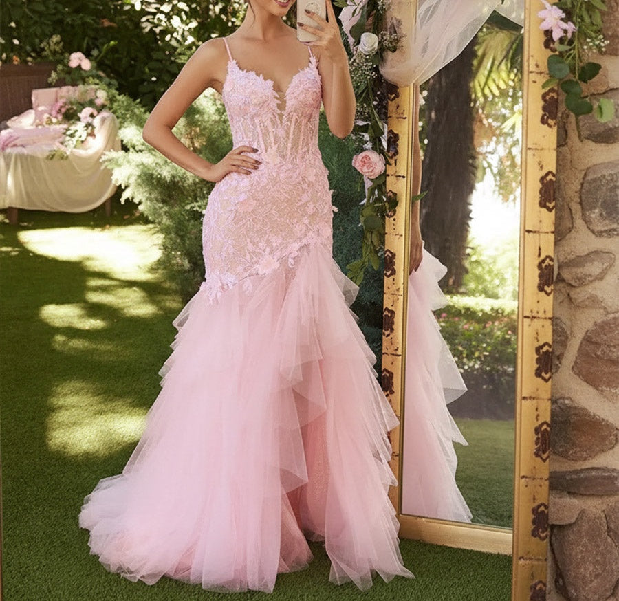 Mermaid Drop Waist Ruffle Tiered Spaghetti Strap Floor Length Prom Dresses with Applique