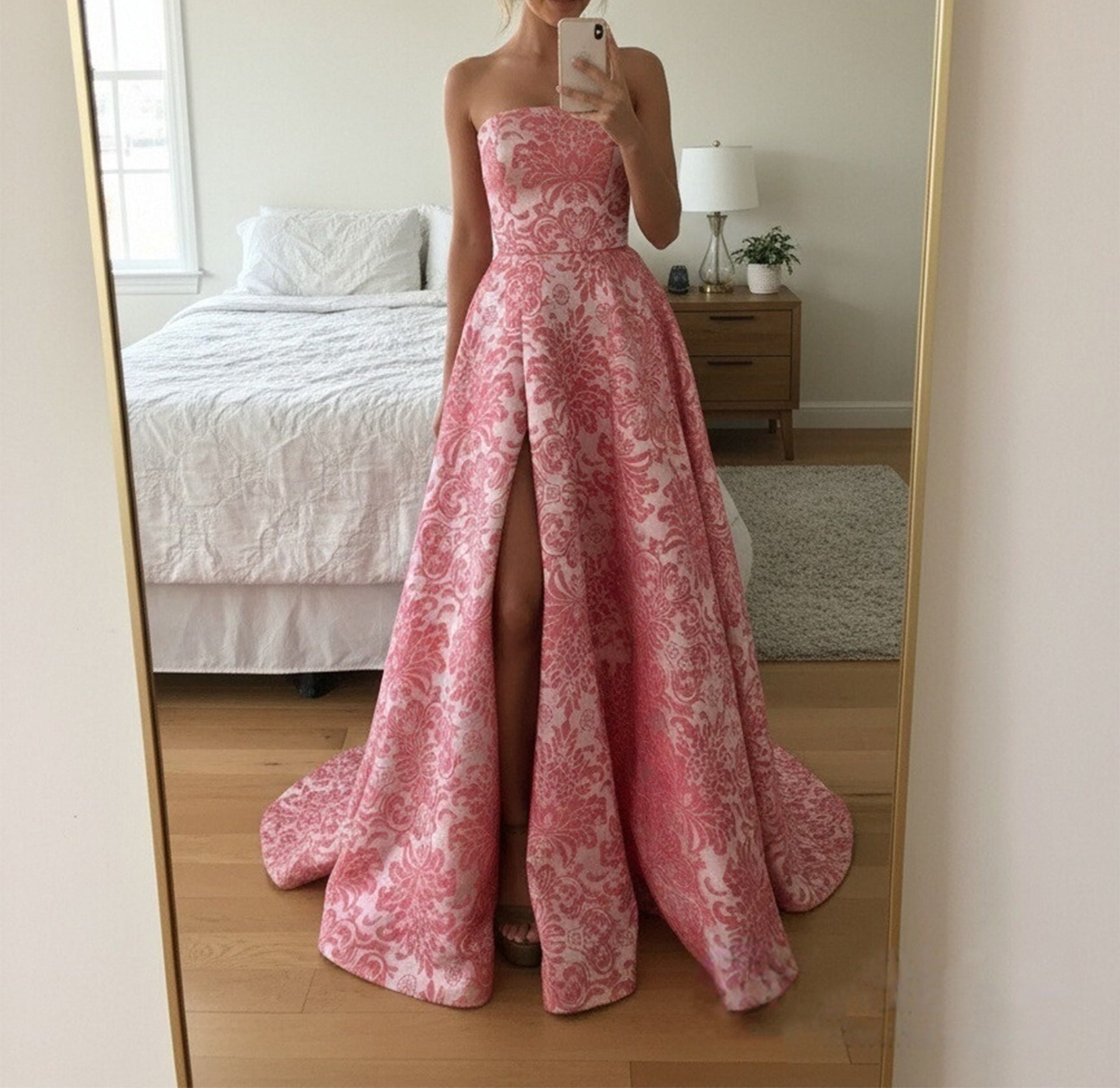 A-Line/Princess Strapless Print Flower Floor Length Prom Dresses with Side Slit