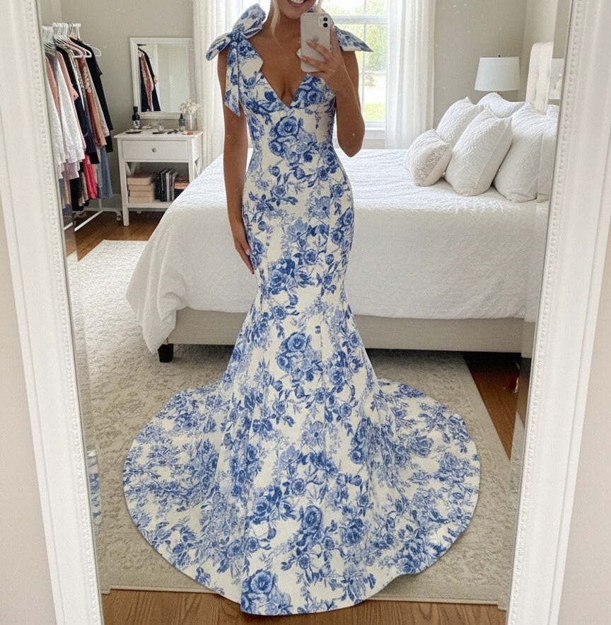 Mermaid/Trumpet Strapless Print Flower Floor Length Prom Dresses with Bows