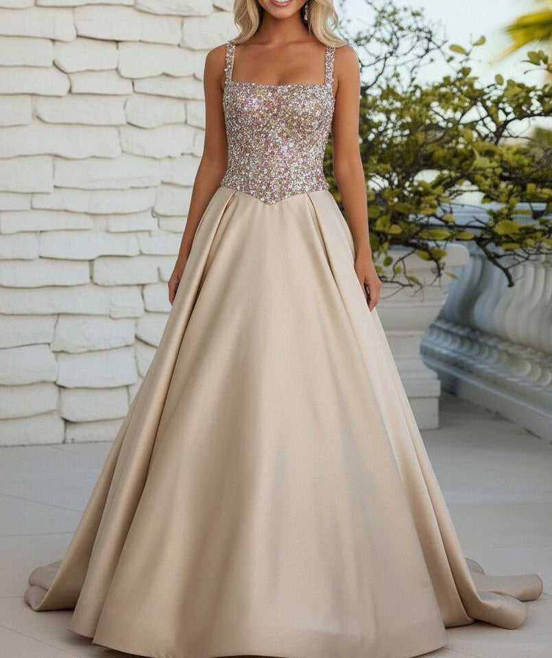 A-Line/Princess Square Neck Glitter Floor Length Prom Dresses with Sequin