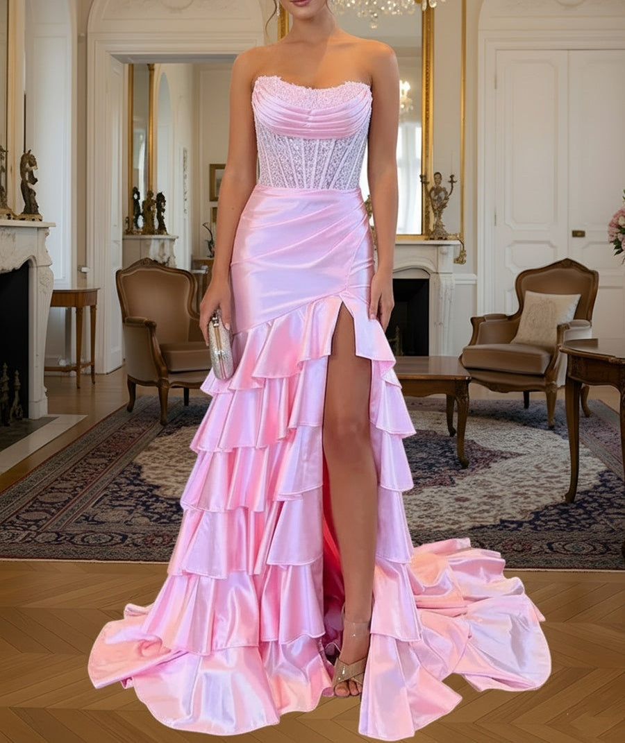A-Line/Princess Sleeveless Tiered  Ruffle Floor-Length Formal Prom Dresses with Sequin