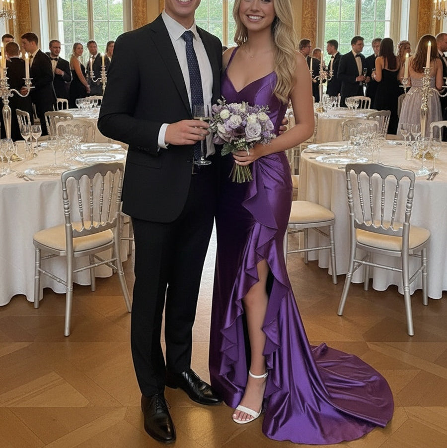 Mermaid/Trumpet Bodycon Spaghetti Strap Floor-Length Prom Dresses with Ruffle Hem Slit