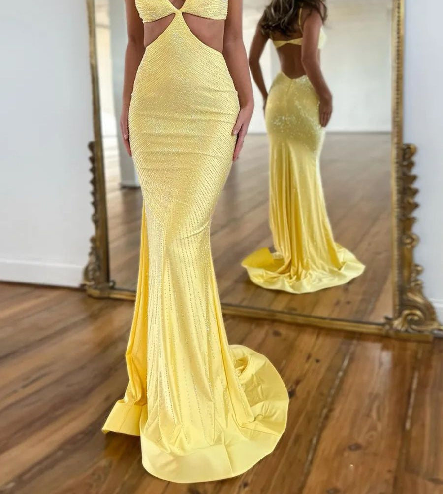 Mermaid V-Neck Cut Out Floor-Length Prom Dresses with Beadings