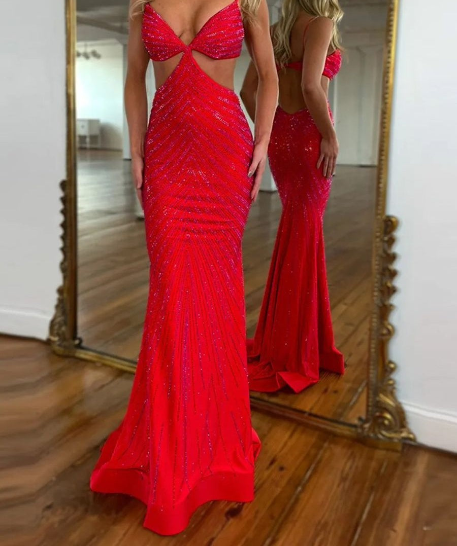 Mermaid V-Neck Cut Out Floor-Length Prom Dresses with Beadings