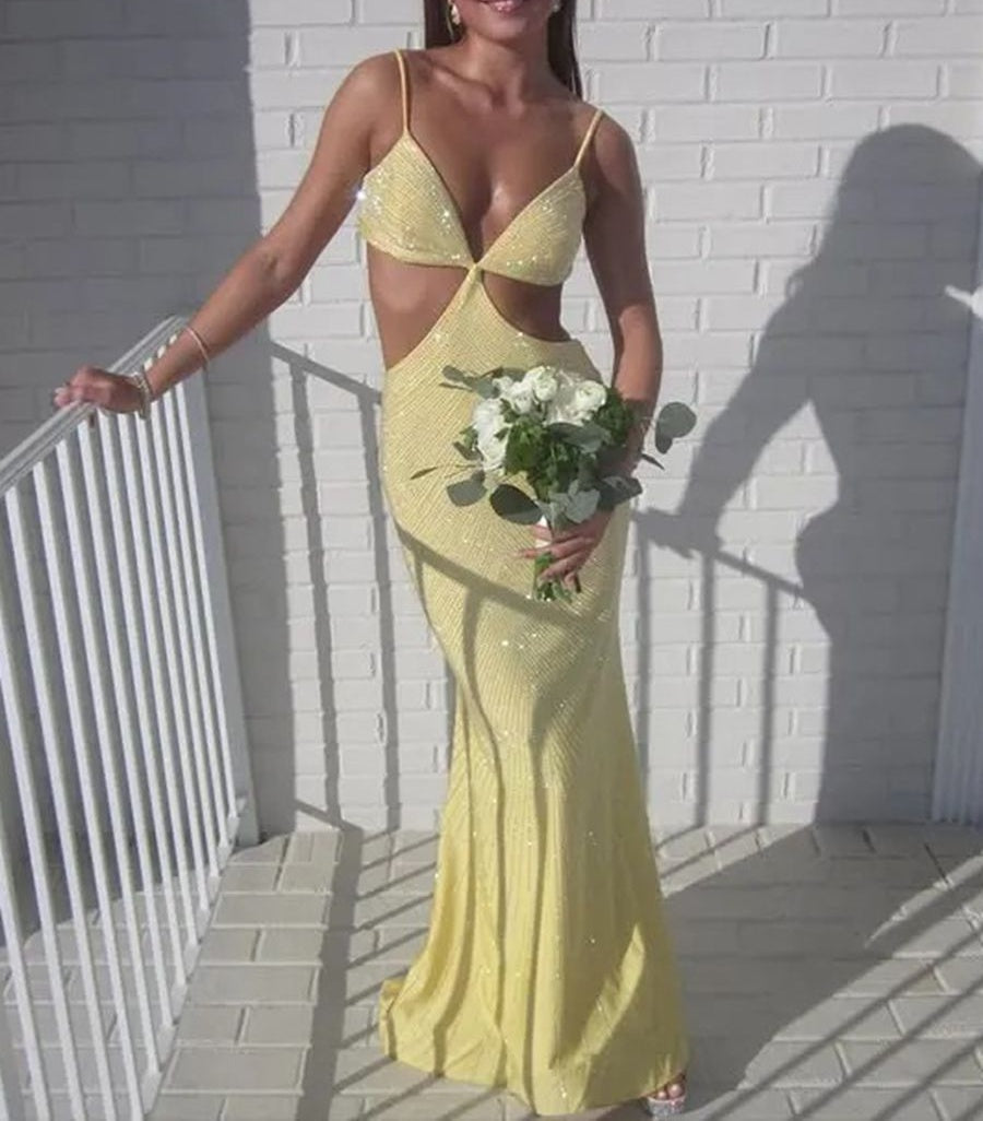 Mermaid V-Neck Cut Out Floor-Length Prom Dresses with Beadings
