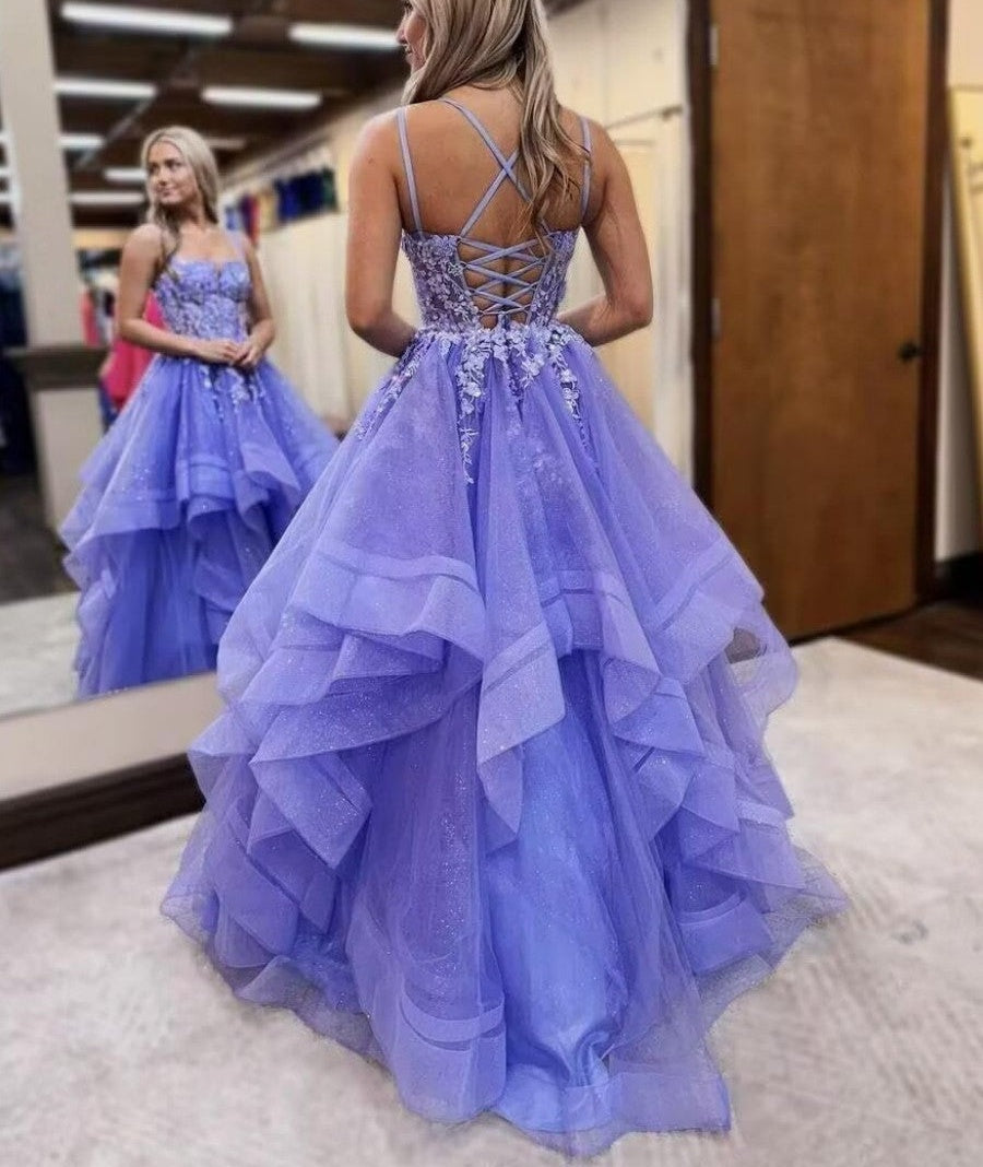 A-Line/Princess Lace Applique Ruffle Floor-Length Prom Dresses with Double Strap