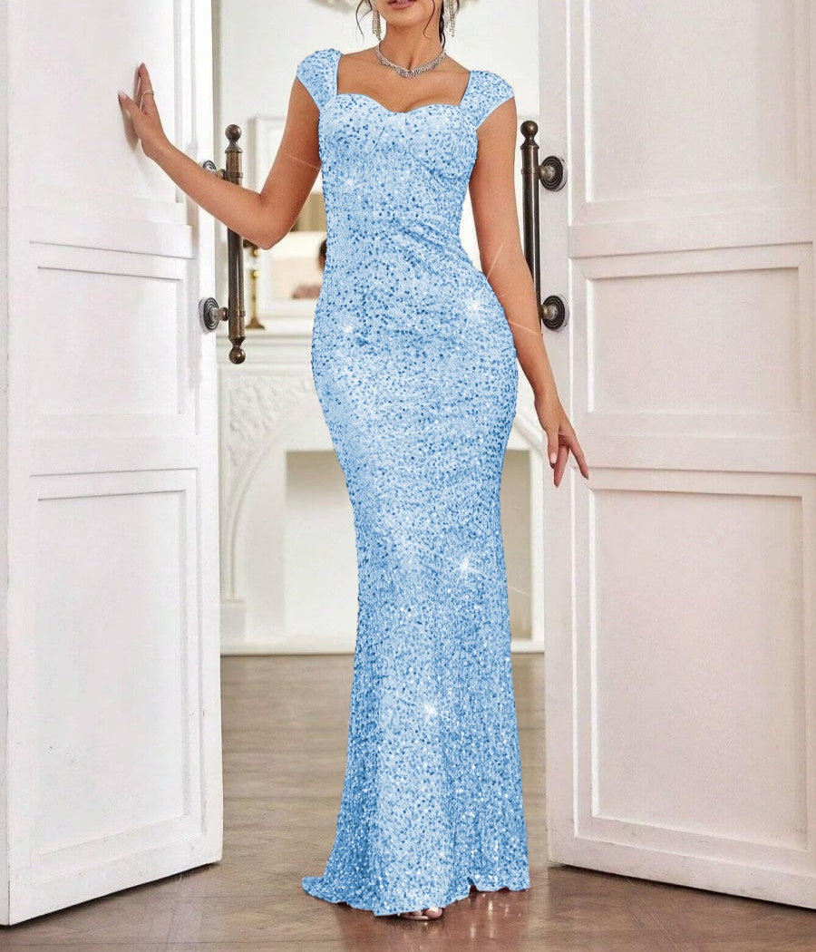 Sheath/Column Cap Sleeve Floor-Length Formal Dresses with Sparkly Sequin