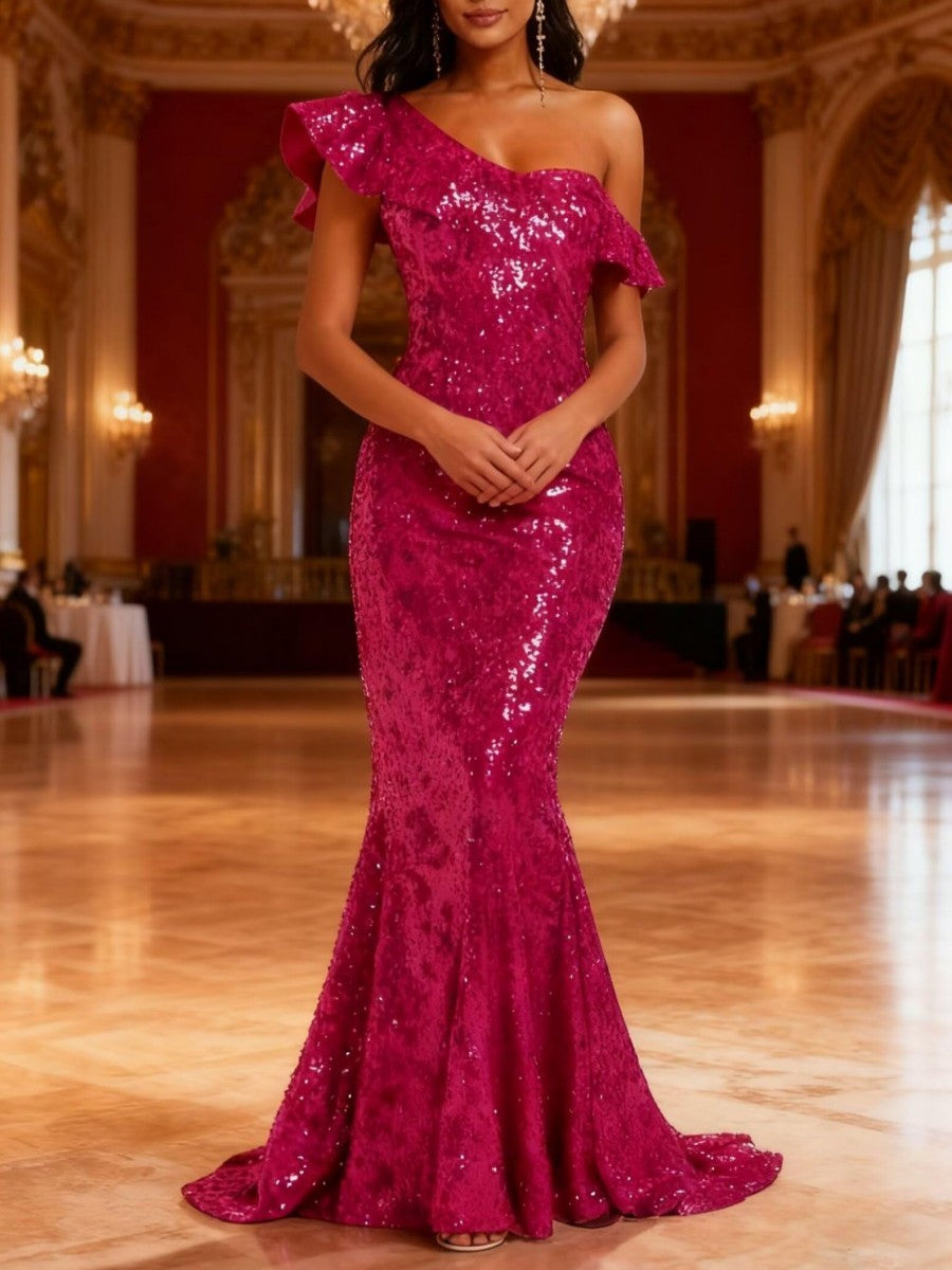 Mermaid/Trumpet One Shoulder Ruffle Floor-Length Formal Dresses with Sparkly Sequin