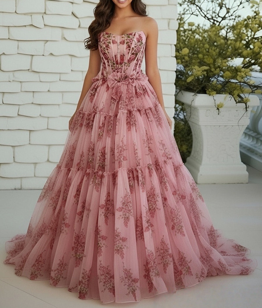 A-Line/Princess Strapless Bows Ruffles Prom Dresses with Flower Print