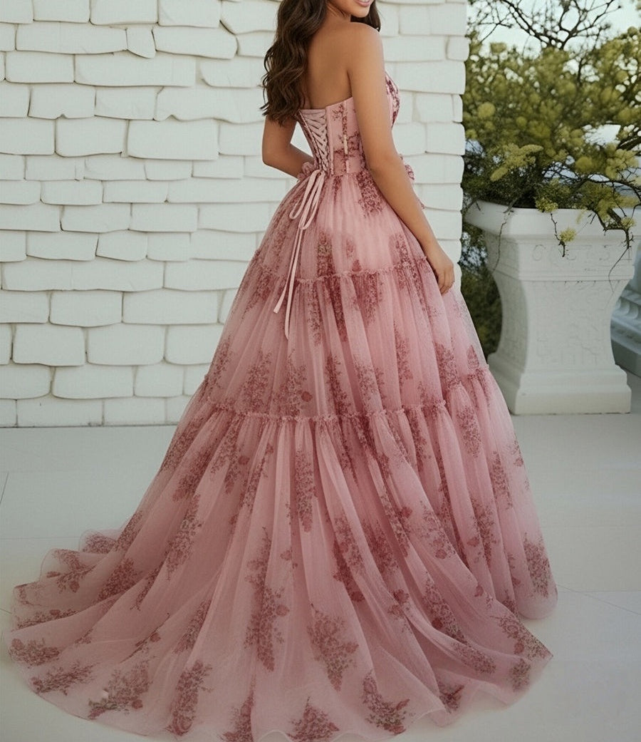 A-Line/Princess Strapless Bows Ruffles Prom Dresses with Flower Print