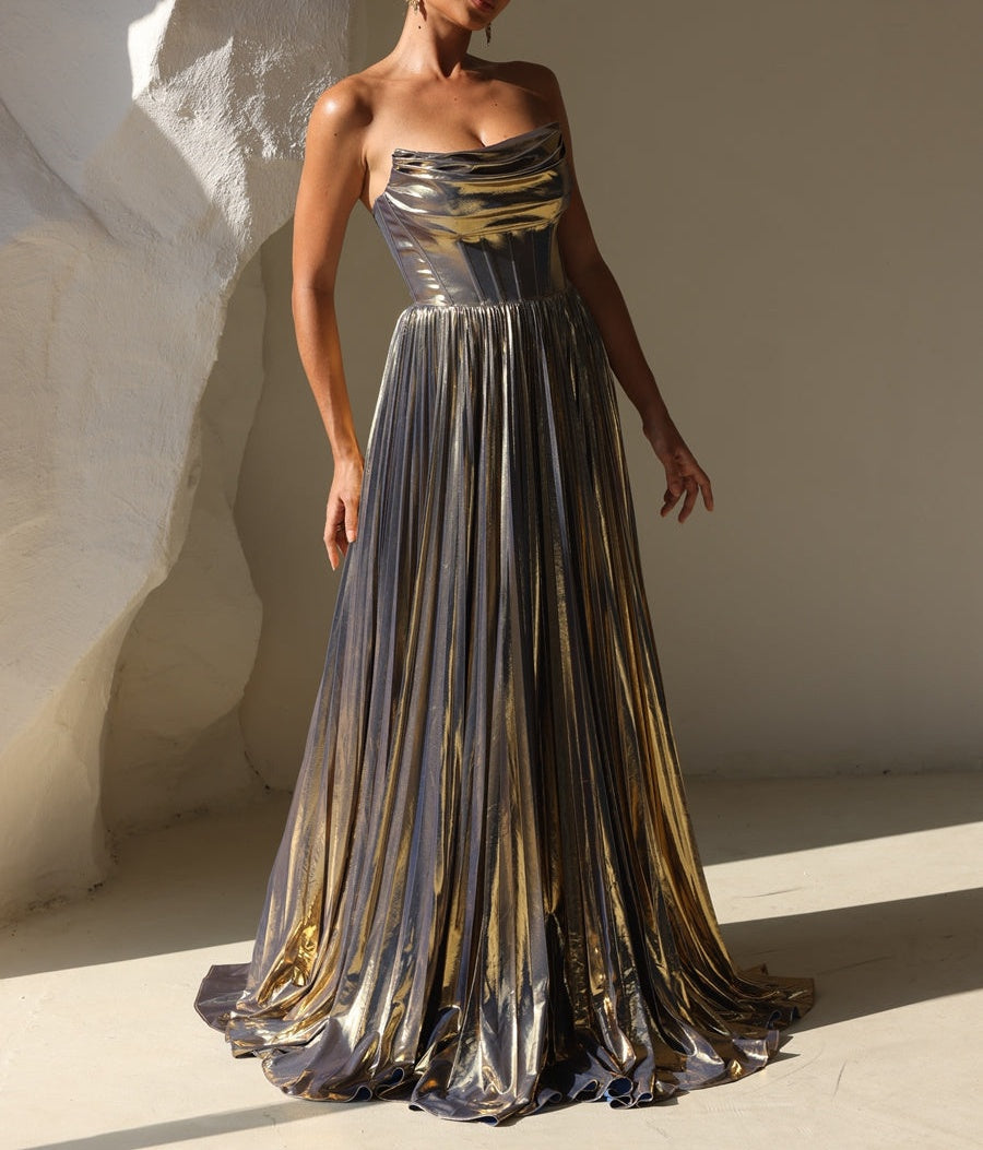 A-Line/Princess Strapless Cowl Neck Pleated Floor-Length Prom Dresses