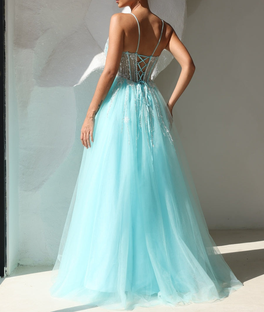 Elegant A-Line/Princess Illusion Neck Tulle Floor-Length Prom Dresses with Beading
