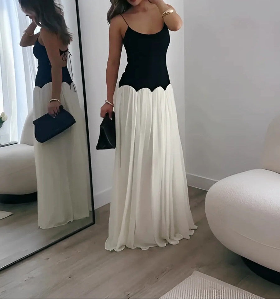 A-Line/Princess Spaghetti Strap Floor-Length Formal Dresses with Patchwork Chiffon