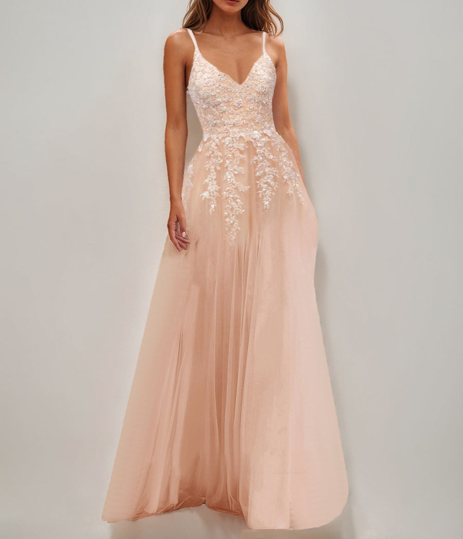 A-Line/Princess Straps Tulle Long Luxurious Cocktail Dresses with Lace Appliques