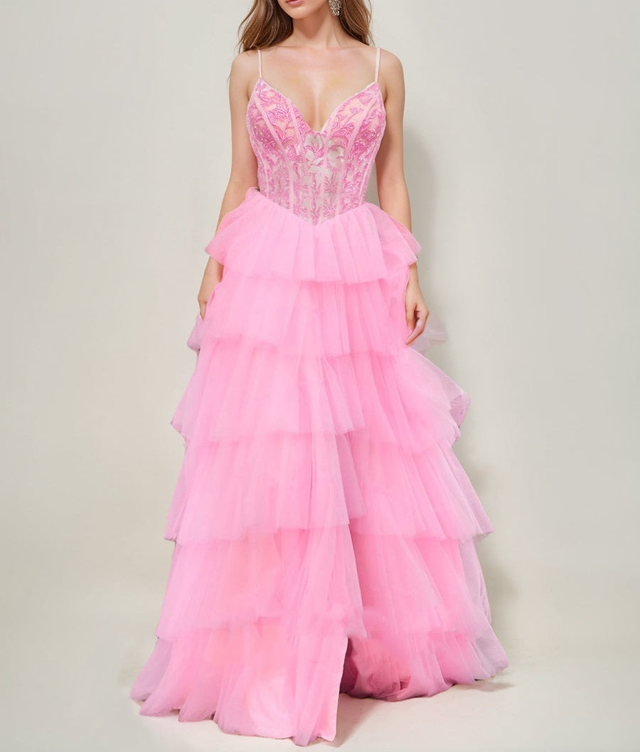 A-Line/Princess Spaghetti Straps Floor-Length Prom Dresses with Lace Appliques & Tiered Ruffles